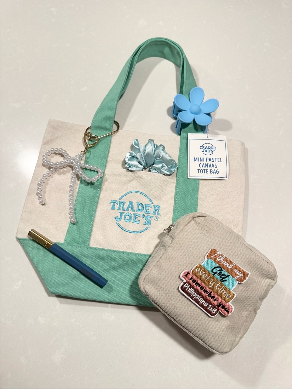 Bible Bag Trader Joe's Teal Mini Canvas Tote Bag with Pearl Key Chain